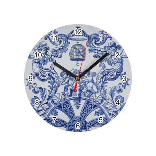 Fabulous Horloge Murale en Verre - Anges Baroque Ceramique Bleu Blanc Ceramic - Diamètre 20 cm - Blanc