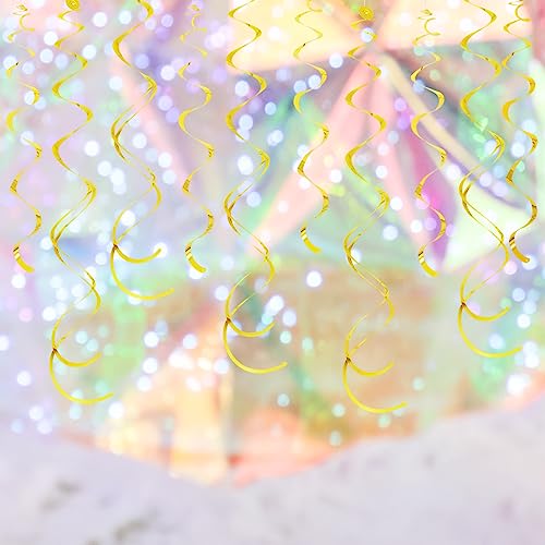 Image of Gold Ceiling Swirl Foil Decorations Hanging Plastic Streamer Themed Swirl Party Decoration for Wedding Thanksgiving Day Graduation Celebration, Pack of 28