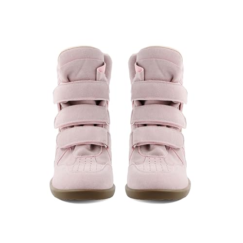Image of Wedge Sneakers for Women Heels Suede Hook and Loop High Heel Tennis Round Toe Triple Strappy Band Casual Vintage Fashion Dressy Comfy Campus Trendy Retro Sneaker