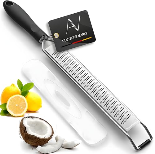 AVANA Zester Reibe aus Edelstahl mit Schutzabdeckung Käsereibe Fein Zitronenreibe Handreibe Parmesanreibe Ingwerreibe Muskatnuss Raspel Küchenreibe