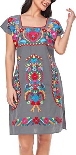 Image of YZXDORWJ Women Mexican Embroidered Dress Ruffle Collar Sleeveless