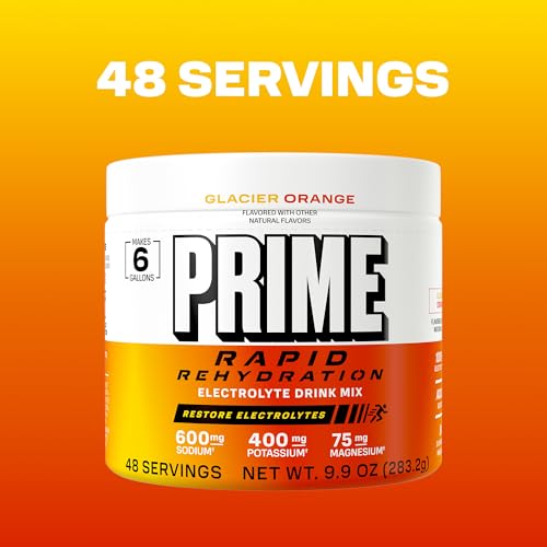 Image of Prime Rapid Rehydration Electrolyte Powder, Glacier Orange, Sugar Free Hydration Drink Mix with Sodium, Potassium, Magnesium & B Vitamins to Replenish Fluids, Caffeine Free, 6 Gallon Tub, 48 SRV