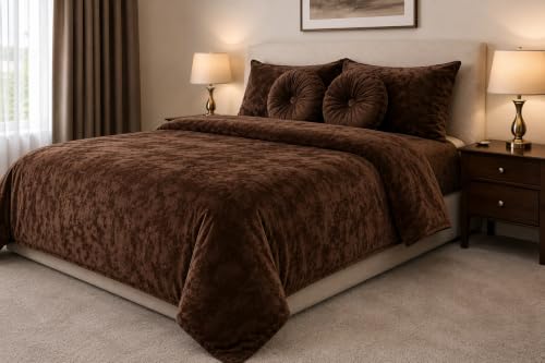 Image of Sands Luxurious 6Pc Bedding Set for Winter, 1 Double Duvet Cover,1 Double Bed bedsheet, 2 Pillow Covers, 2 Round Cushions, Ultra Soft Woollen Bedsheet Set- 90X100 inches (Dark Bronze)