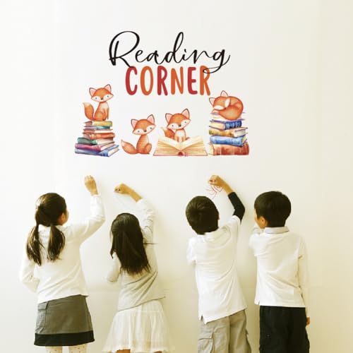 SUPERDANT Reading Corner Wall Decal Cute Animals Reading Wall Sticker Foxes Reading Books Art Decoration Vinyl Wall Decals for Classroom Reading Room Kid's Bedroom Wall Decoration Back to School
