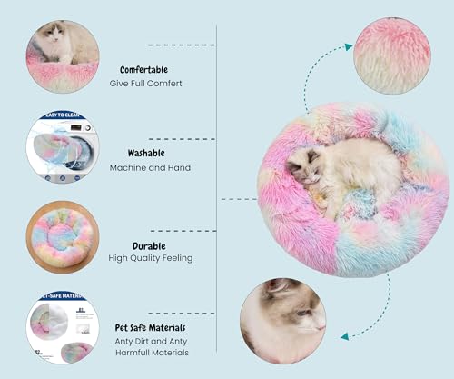 Image of ZEXSAZONE Winter Calming Dog Bed & Cat Bed for Indoor Cats Medium Size Washable Anti-Slip Anti-Anxiety Donut Mat for Small Dogs & Fluffy Plush Cozy Round Dog Bed (Small Rainbow)