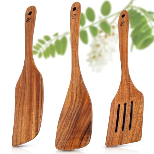ECENCE Set de Spatules en Bois d'Acacia - Ensemble de 3 Ustensiles de Cuisine - Spatules en Bois Résistantes à la Chaleur - pour Poêles Antiadhésives & Batteries de Cuisine Revêtues