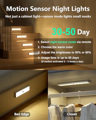 Image of SZOKLED Motion Sensor Night Lights, 58-LED RGB Under Cabinet Lighting Wireless, 1100mAh Rechargeable Under Cabinet Lights Dimmable Closet Lights for Step, Stair, Kitchen,Hallway (2 Pack)