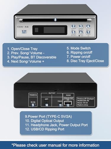 Image of HiFi CD Player for Home, CD Ripper, Bluetooth Car CD Player with USB Ripping, Rip CD to USB, External High-Fidelity Player for Car with Optical, AUX outputs, Bluetooth Transmitter /Receiver
