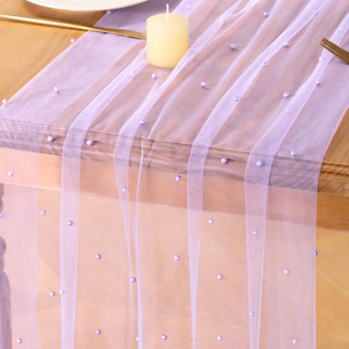 Image of MLMC Lilac Purple Pearl Table Runner Sheer Tulle Table Runner 10Ft, 3 Pack | Boho Rustic Beaded Gauze Table Runner Lightweight Cheese Cloth Centerpiece for Wedding Events Home Decoration 29 inchx120 inch