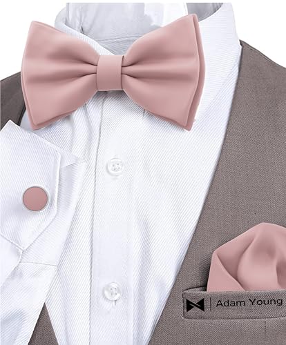 Image of Adam Young Men's Bow Ties with Handkerchief & Cufflinks Pre-Tied Style Formal Satin Classic Bowtie for Tuxedo Faux Silk