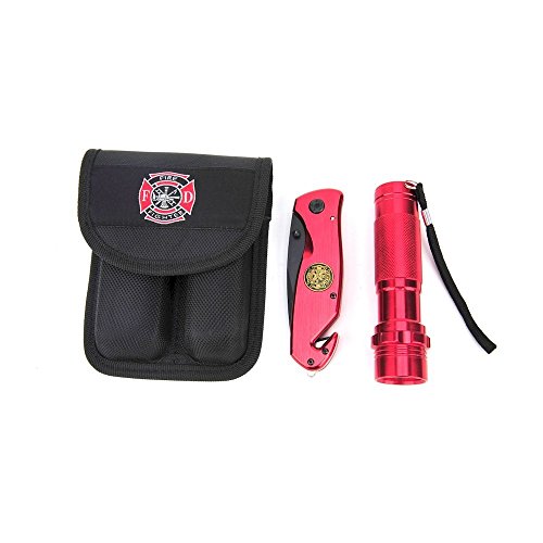 Survival Knife and Flashlight Set - Pink Finish - Firefighter - LED Light - 3.5 Blade - Seat Belt Cutter, Glass Breaker in Black Nylon Case With Logo on Knife Handle and Pouch