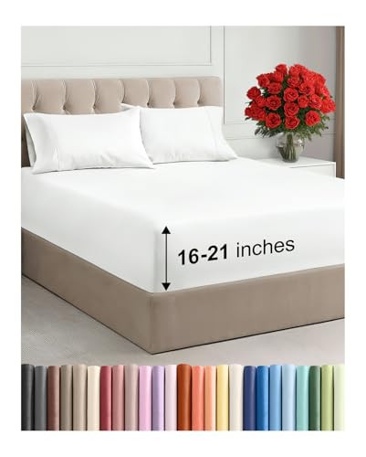 GIGBEI breathable cooling sheets, soft fade resistant, 16 to 21 inch extra deep pockets, hotel luxury bedding, extra deep pocket sheets, cal king size sheet set, white
