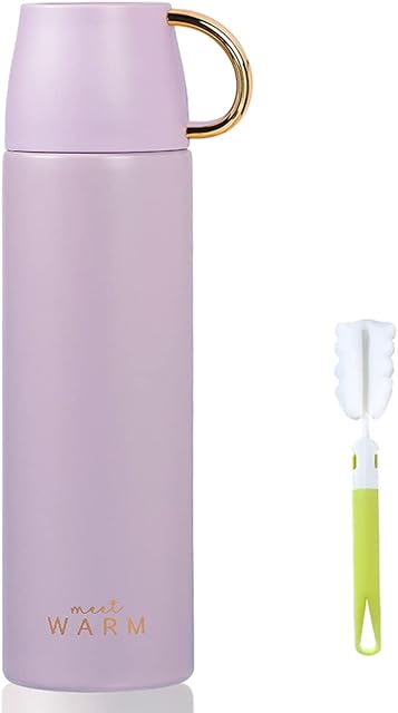 Coffee Flasks with Cup for Hot Drinks 500ML, NISVDID Vacuum Thermal Flasks with No Ripple Surface Small Cup Leakproof Water Bottle for Work Travel School and Sport (Light Purple)