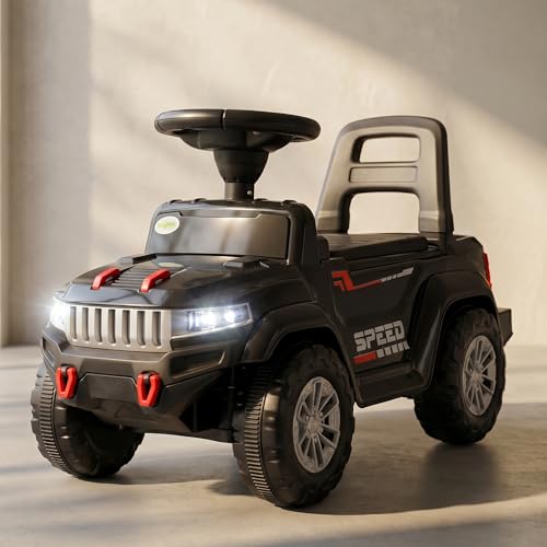 Image of Baybee Speedy Baby Ride on Car for Kids | Push Rideons Toys Car with Music & LED Light | Portable Ride on Jeep with Backrest & Storage Basket | Kids Car to Drive 1-3 Years Boys Girls (Black)