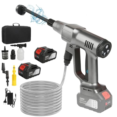 Hidrolimpiadora de Batería 21V Máx 200 Bar, Hidrolimpiadora de Alta Presion con de 3,0Ah Bateria, Press & Clean Pistola Lavado con Pantalla LCD de Potencia y de 3 Velocidades (Plata con 2 Batería)