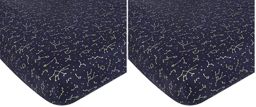 Image of Hudson Baby Unisex Baby Cotton Fitted Crib Sheet, Navy Constellation, One Size (Pack of 2)