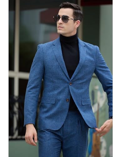 ROZU Tweed Plaid Mens Suit 2 Piece Set for Men Slim Fit Suit Blazer Pants Tuxedo Set for Casual Business3