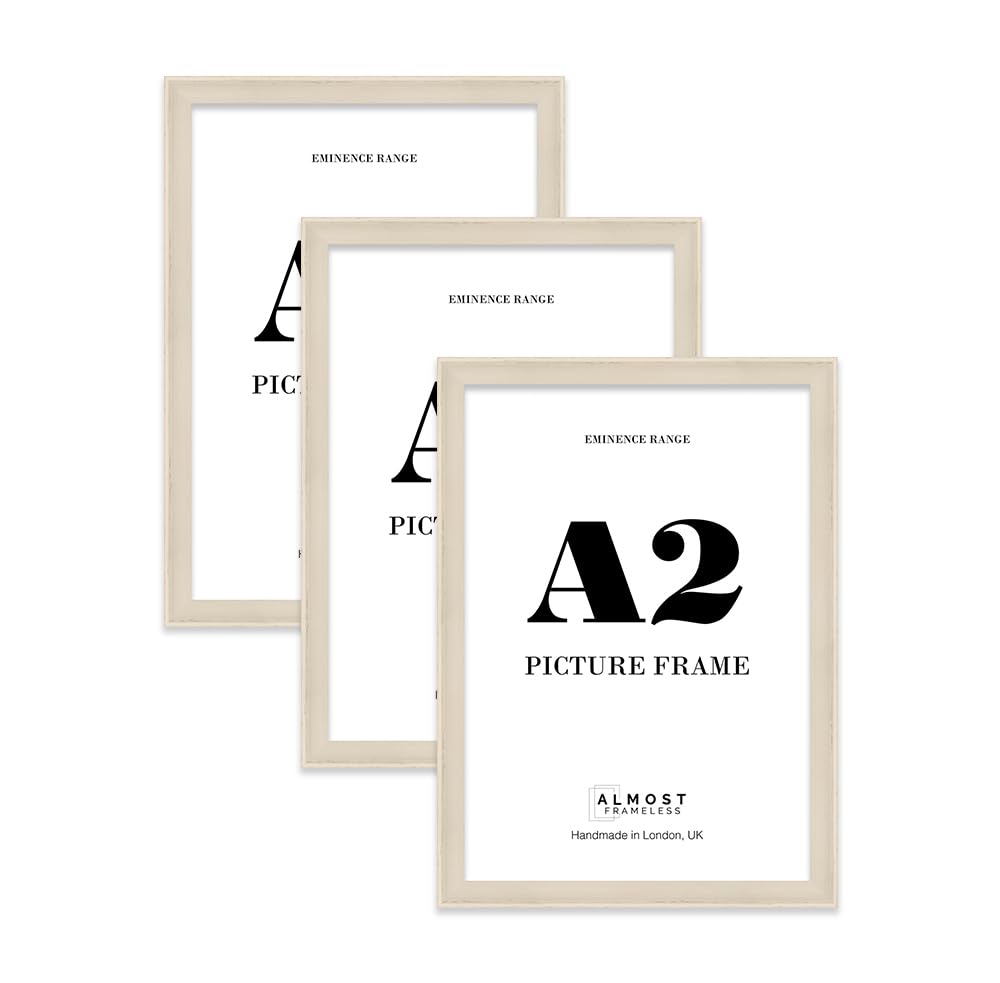 A2 Cream Picture Frame - Rustic Wood Industrial Effect Photo Frame for Wall Display, Ideal for Posters, Prints & Home Décor, Wall Hooks, 32mm Edge - 3 Pack