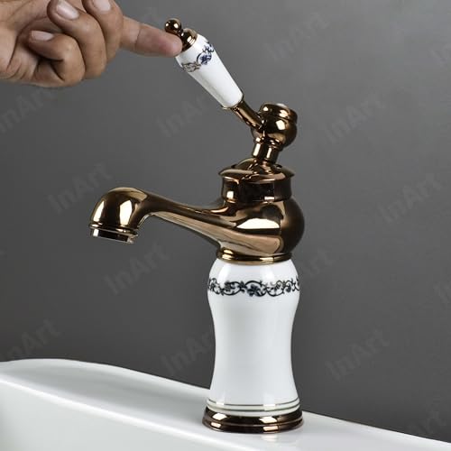 Image of InArt Rose Gold Glossy Finish Basin Pillar Cock Tap Faucet for Wash Basin, Hot & Cold Water Mixer, Single Handle, Waterfall Design, Table Mount /Deck Mount (Rose Gold)