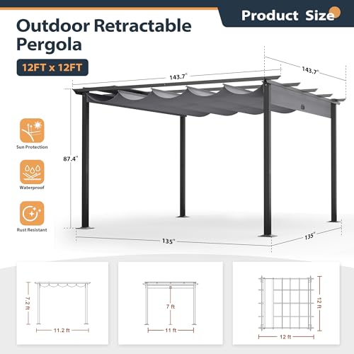 HAPPATIO 12\' X 12\' Pergola Retractable Pergola Canopy for Backyards, Gardens, Patios, Outdoor Pergola with Sun Shade Canopy, Includes Ground Studs and Expansion Screws (Grey) - Thumbnail 2