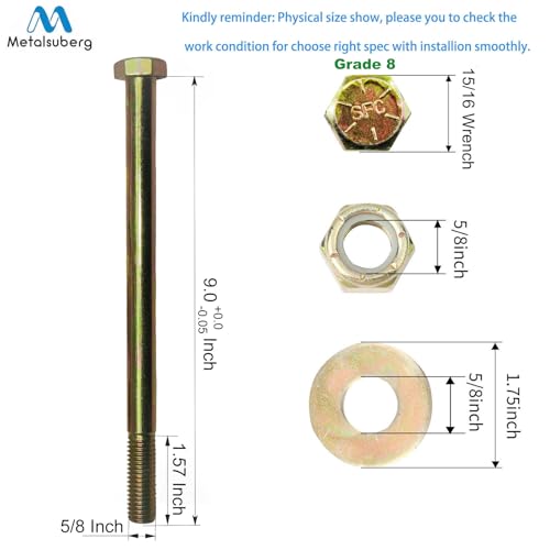 Image of 5 /8 inch x 9 inch Hex Head Bolt by Color Galvanization with Nylon Lock nut and Large Size Washer Assortment Kit,Alloy Steel,Grade 8.(2pcs Pack). by Metalsuberg