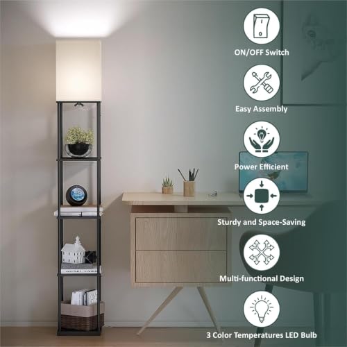 Image of 5 Tier Metal Floor Lamp with Wooden Shelves /Modern Standing lamp with 3 Adjustable Color Mode /Corner Bright Lamp for Decoration /Energy Efficient Night Lamp for Bedroom /Living Room /Home Decor