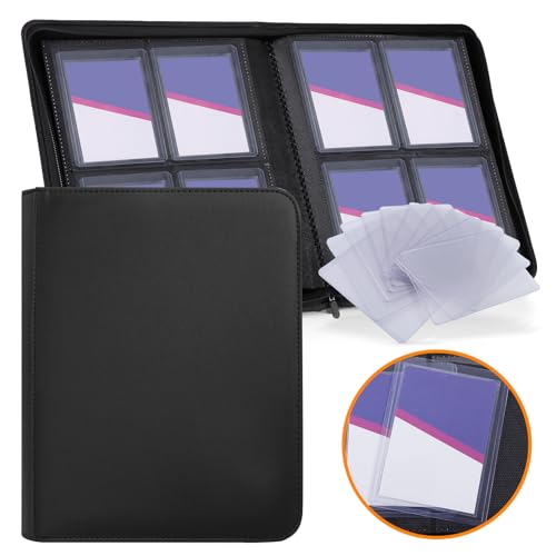 Zettokete Toploader Binder 4 Pocket, Top Loader Binder for High-Value Trading Cards - Holds 96 Cards in 3' x 4' Top Loaders, Includes 10 Toploaders, Collectible Card Album for TCG, Sports Card, Black
