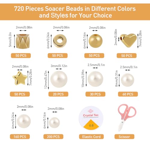 Image of SANNIDHI 720pcs Pearls Beads for Jewellery Making Kit, Pearl Beads for Bracelet Making, Assorted Sizes Pearl Round Beads Set Spacer Charms Golden Beads with Tools for DIY Crafts, Earrings, Necklace
