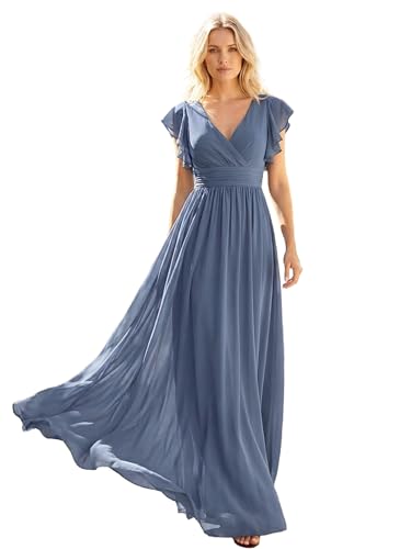 Ever-Pretty Abendkleider Lang V-Ausschnitt Brautjungfernkleider Chiffon für Hochzeit Staubige Marine 36