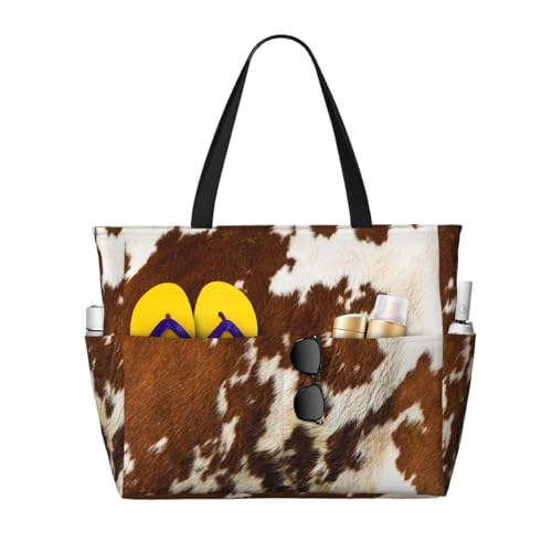 Grand sac de plage peau de vache rouge et blanche, sac fourre-tout spacieux contre le désordre