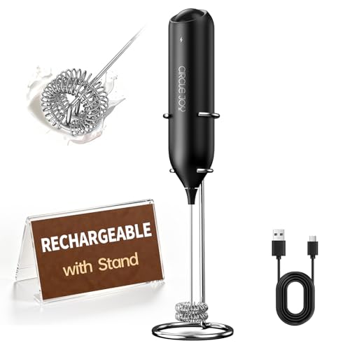 CIRCLE JOY Electric Rechargeable Milk Frother Handheld with Stand, Electric Whisk Milk Frother Wand with Dual Spring Whisk, Portable Drink Mixer for Coffee Cappuccino Latte Matcha, Black option