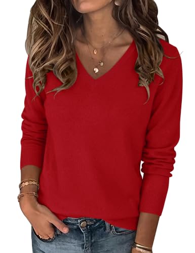 LOMON Womens Long Sleeve Tops V Neck Lightweight Sweaters for Women Red
