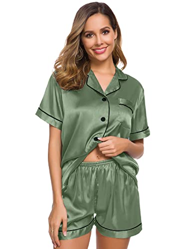 Image of SWOMOG Womens Silk Satin Pajamas Set Short Sleeve Sleepwear Button Down Top and Shorts Loungewear 2 Piece Pjs Set XS-3XL Matcha XXX-Large