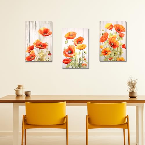 LZIMU Elegant Poppies Canvas Wall Art 3 Pieces Orange Poppy Flower Blossom Picture Prints Rustic Wood Background Artwork for Bathroom Office Kitchen Decor Framed (Poppy-1 - Image 4