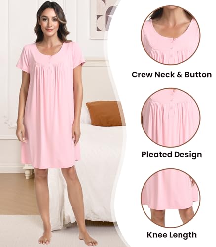 Image of NACHILA Bamboo Viscose Nightgown for Women Short Sleeve Crew Neck Sleepwear