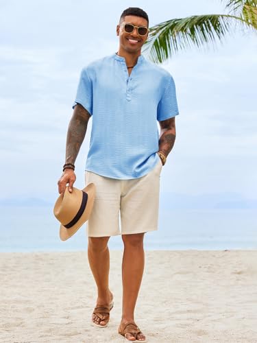 Image of Runcati Mens Casual Henley Shirt Short Sleeve Band Collar Textured Shirts Summer Beach Hippie T-Shirts