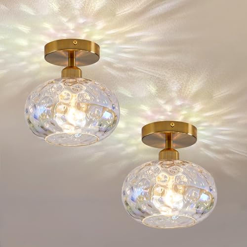 Vintage Glass Flush Mount Ceiling Light - 2 Pack,7.9 Inch Rainbow Hammered Glass Hallway Light fixtures Ceiling, Gold Semi Flush Mount Ceiling Light for entryway Foyer Laundry Room Kitchen