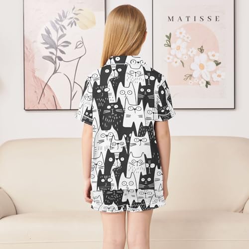 ALAZA Cat Kitten Black White Pajamas Satin Pajama Set Short Sleeve Button Down Sleepwear4