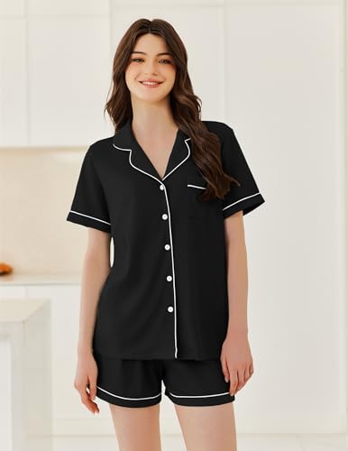 Image of Ekouaer Womens Waffle Knit Pajama Sets Soft Short Sleeve Button Down Sleepwear Cozy 2 Piece Pjs Shorts Set
