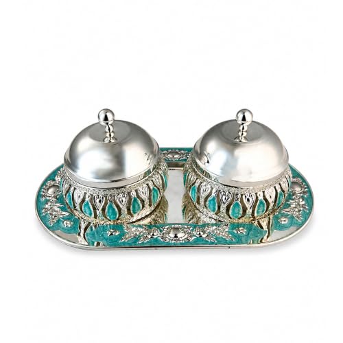 Image of Diviniti Silver Plated 2 Bowl Tray Set with Lids | Decorative Serveware for Dry Fruits, Sweets & Mouth Fresheners | Luxury Home Decor & Gifting Item for Dining Table, Diwali & Corporate Gifts (Blue)
