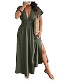 SOLY HUX Women's Plus Size Deep V Neck Maxi Dress Short Sleeve Split Hem Flowy Summer Dresses Solid Green XX-Large Plus