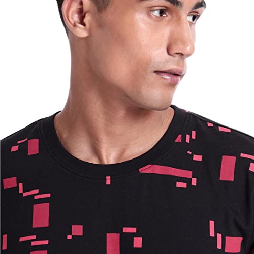 Image of Bewakoof Men's Geometric Print Black Round Neck Half Sleeve T-Shirt
