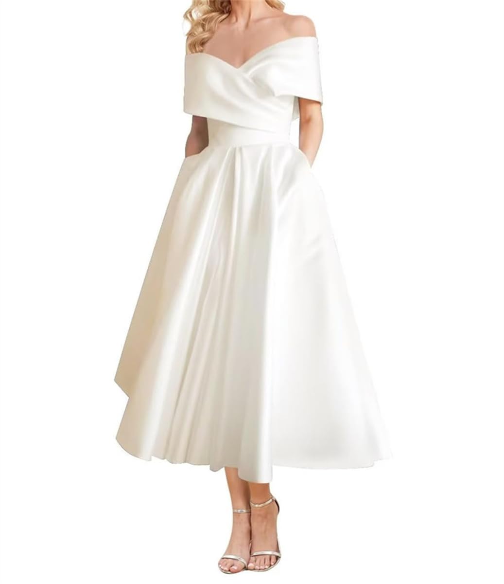 V Neck Bridesmaid Dresses with Tea Length Off Shoulder Satin A-Line Prom Gowns for Teens Ivory UK16