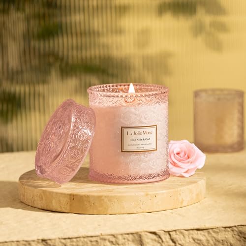 LA JOLIE MUSE Rose Noir & Oud Scented Candle – Lemon, Rose & Oud |19 oz Large Wooden Wick Candle | Natural Soy Wax | 90 Hours Clean Burn | Gift-Ready for Hosts & Gatherings | Elegant Home Décor - Image 4