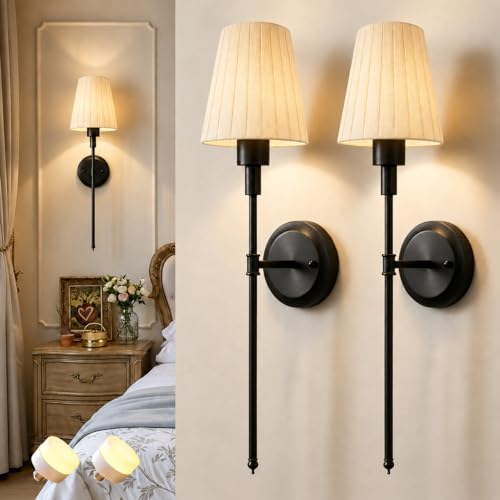 Image of DORESshop Battery Operated Wall Sconce Set of 2, 10 Color Wireless Wall Light Easy to Install, Sconce Wall Decor Set of 2 for Bedroom, Living Room, Pleated Fabric Shade, Black, 24.6in