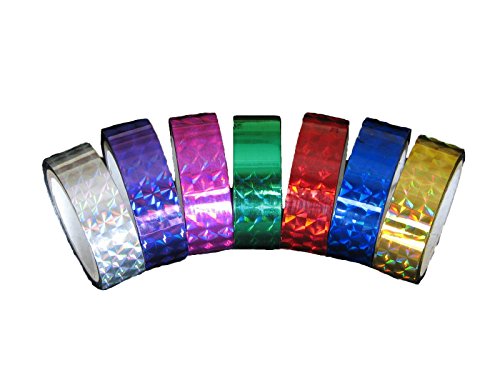 Decorating Adhesive Prism Laser Tape - 1/2 in. (0.5") X 25 Ft. 7 Color Set for Sport Hoop Hula Hoop, Baton Tape, Reflective Prismatic Adhesive Tape Roll. Safety Glare Tape (1/2" x 25ft)