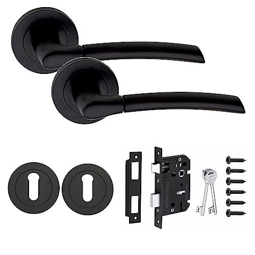 Golden Grace Indiana Design Key Lock Door Handles Set on Round Rose in Matt Black Finish with 64mm 3 Lever Mortise Lock & Key Hole