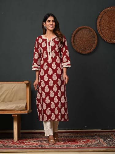 Image of Rimeline Women's Cotton Printed Kurta with Lace Yoke Detail | Elegant Straight Fit Ethnic Wear for Office, Casual & Daily Styling