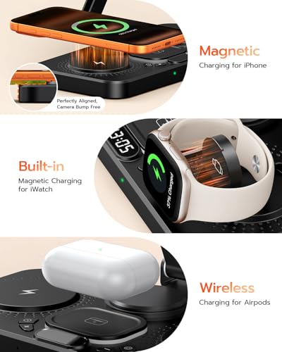 Image of 45W 6 in 1 Charging Station for Apple Multiple Devices with Clock & Light, 20W Fast Foldable Wired Charging Stand for iPad /Tab, Wireless Charger Design for MagSafe Charger for iPhone 17 /iWatch /Airpods
