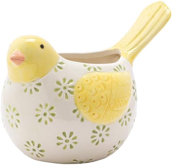 Napco Imports Decorative Home or Garden 5 x 7 Inch Indoor or Outdoor Flower Pot Planter Yellow and White Floral Bird